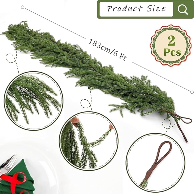 2 Pcs Norfolk Pine Garland,12FT(2 * 6FT) Real Touch Christmas Garland Artificial Greenery Garland for Mantle,Table, Wall, Indoor, Outdoor Christmas Decorations