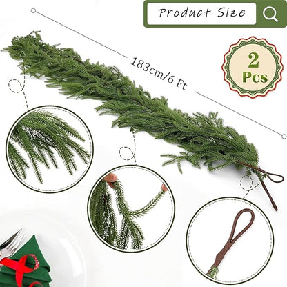 2 Pcs Norfolk Pine Garland,12FT(2 * 6FT) Real Touch Christmas Garland Artificial Greenery Garland for Mantle,Table, Wall, Indoor, Outdoor Christmas Decorations