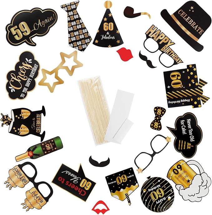 LINGTEER Happy 60th Birthday Party Photo Booth Props,Cheers to 60th Birthday Sixty Years Old Bday Party Centerpieces Props Decorations Sign.