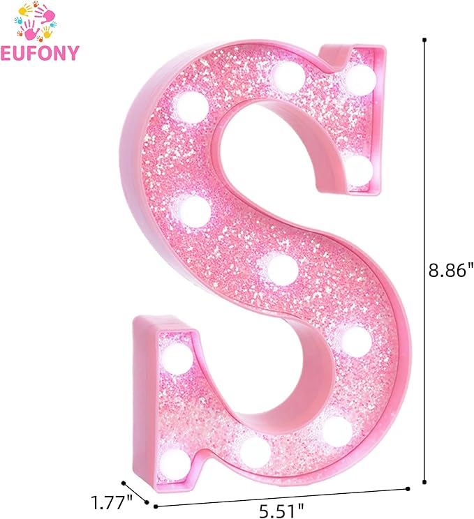 Pink LED Marquee Light Up Letters, Glitter Alphabet Letter Lights for Birthday Party Decorations, Battery Operated Letter Signs for Girls Room Table Decor, Pink letter S with Cool White Lights