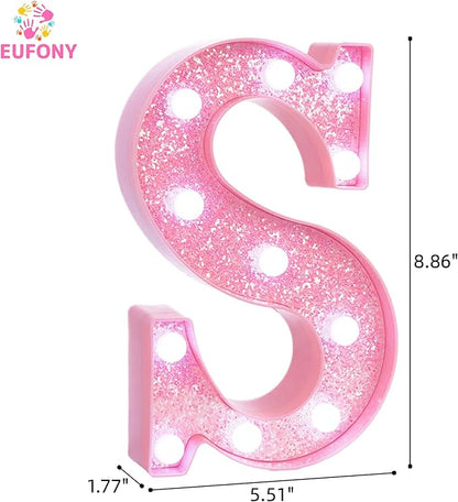 Pink LED Marquee Light Up Letters, Glitter Alphabet Letter Lights for Birthday Party Decorations, Battery Operated Letter Signs for Girls Room Table Decor, Pink letter S with Cool White Lights