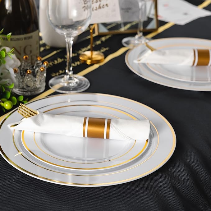 N9R 75 Pack Pre Rolled Gold Plastic Cutlery Set, Wrapped Plastic Silverware Set with 75 Forks, 75 Knives, 75 Spoons and 75 Napkins, Disposable Cutlery Set for Party and Wedding