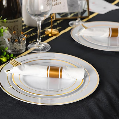 N9R 75 Pack Pre Rolled Gold Plastic Cutlery Set, Wrapped Plastic Silverware Set with 75 Forks, 75 Knives, 75 Spoons and 75 Napkins, Disposable Cutlery Set for Party and Wedding