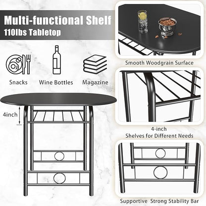 JUMMICO 3-Piece Wooden Round Table & Chair Set, Space Saving Kitchen Breakfast Nook Wood Grain Tabletop with Metal Frame and Built-in Wine Rack for Kitchen, Dining Room (Black)