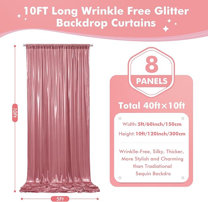 40x10ft Shimmer Rose Gold Sequin Backdrop Curtain for Parties,Thick Wrinkle Free Glitter Backdrop Drapes Rose Photo Back Drop Curtains for Birthday Wedding Party Photography Background-8 Panels 5x10ft