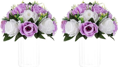NUPTIO Flower Wedding Centrepieces for Tables - 2 Pcs 9.5in Diameter Lilac & White Artificial Flowers Rose Ball for Centerpieces Table - Fake Rose Arrangements for Weddings Birthday Party Decor