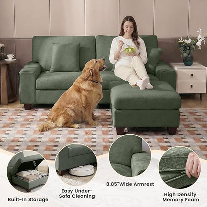 DOPEDIO L-Shaped Sectional Sofa with Storage Ottoman, Modern Chenille Recliner Loveseat, Removable Couch Covers, Pocket Spring Cushions, Solid Wood Frame, Easy to Install (71.25inch, Green)