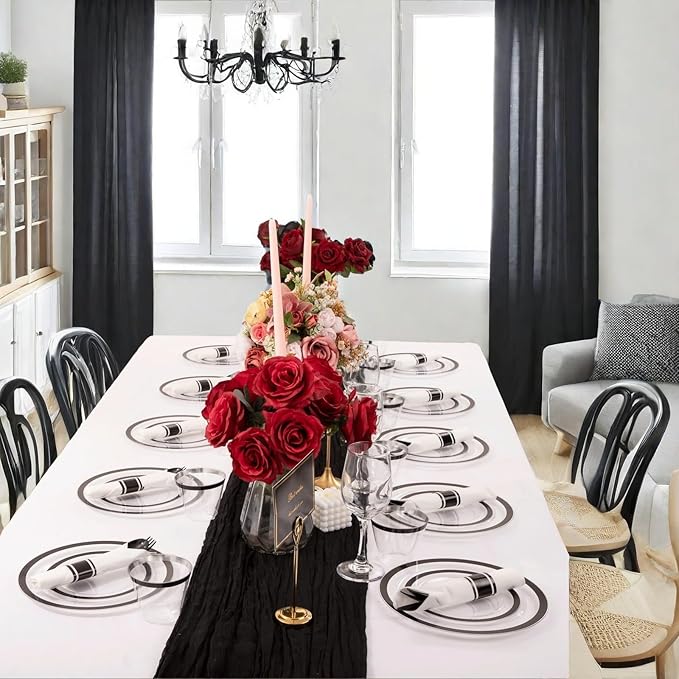 Liacere 350PCS - Clear Plates with Black Rim for 50Guests Dinnerware Include 100 Clear Plates disposable 150 Black Silverware 50 Napkins for Party&New Year