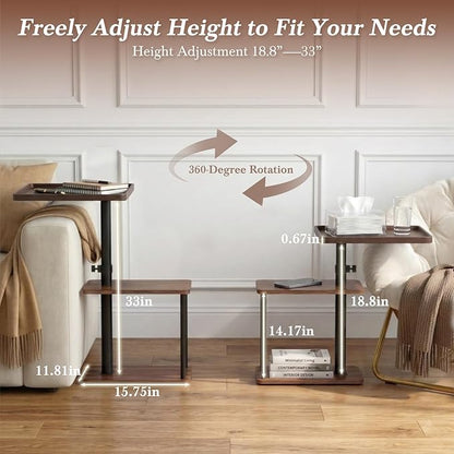 C Table End Table Adjustable Height, 360°Swivel TV Tray Table for Small Spaces, Small Nightstand for Living Room, Bedroom, Walunt