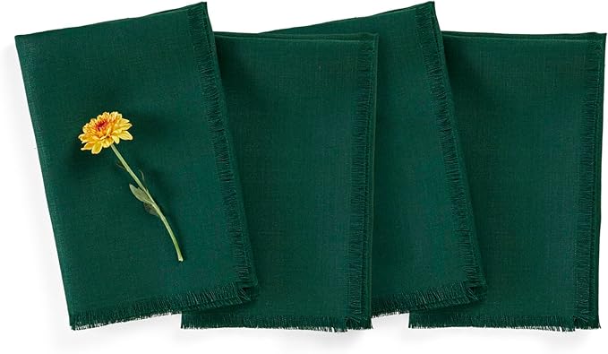 Solino Home Evergreen Linen Napkins Set of 4-100% Pure Linen Fringe Dinner Napkins 20 x 20 Inch for Fall, Autumn, Christmas, Winter, New Year - Handcrafted and Machine Washable