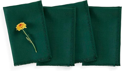 Solino Home Evergreen Linen Napkins Set of 4-100% Pure Linen Fringe Dinner Napkins 20 x 20 Inch for Fall, Autumn, Christmas, Winter, New Year - Handcrafted and Machine Washable