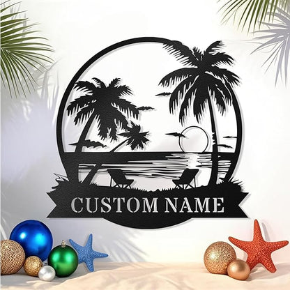 Custom Beach Metal Sign - Personalized Family Name Sign, Tropical Palm Trees Sign, Custom Last Name Sign, Beach Coastal Lake House Decor, Gift for Mother's Day, Housewarming Wedding Outdoor Patio Pool