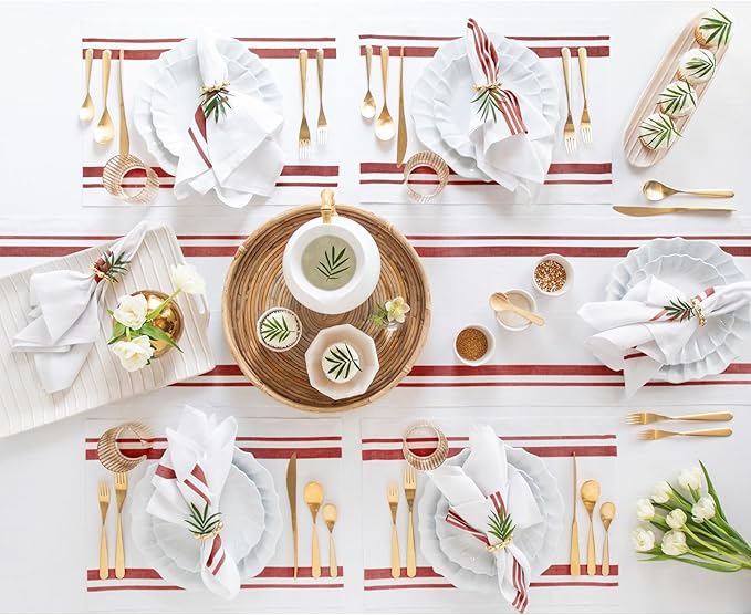 Solino Home Linen Table Runner 132 Inches Long - French Stripe, 100% Pure Linen Red and White Farmhouse Table Runner 14 x 132 Inch Ideal for Dining, Christmas, New Year