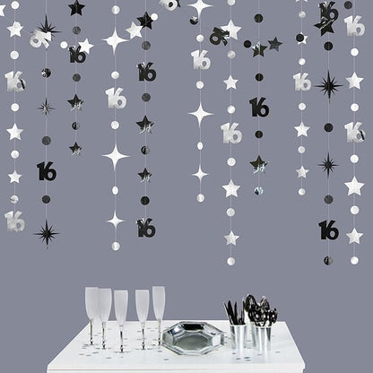 Silver Black 16th Birthday Decorations Number 16 Circle Dot Twinkle Star Garland Banner Backdrop for Girls Boys Happy 16th Birthday Sweet Sixteen 16th Anniversary Cheers to 16 Years Party Decor