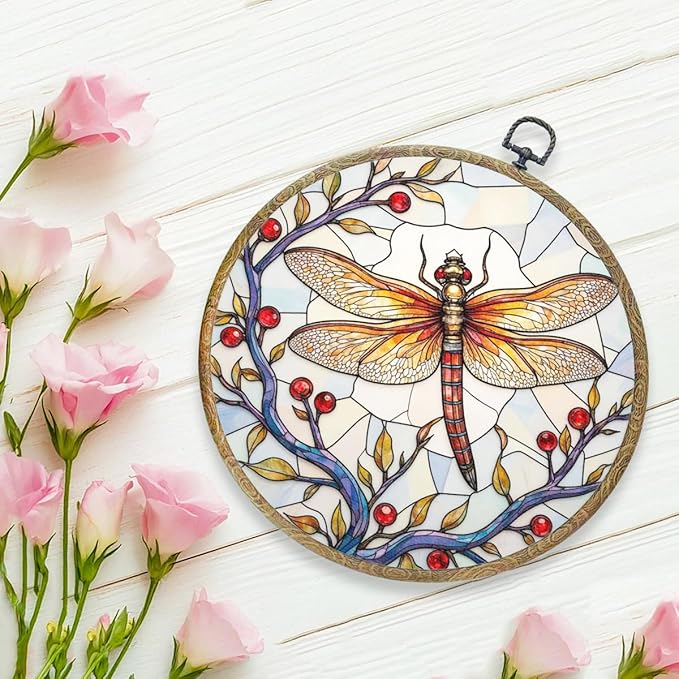 Cute Flower Dragonfly Gifts for Women Men, Garden Dragonfly Decor Framed Round Wall Decor Canvas Wall Art Hanging Prints Artwork for Home Farmhouse Bedroom Living Room Decorations 10.2X10.2 Inch