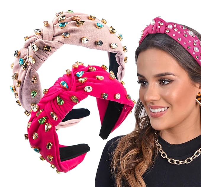 JILIYUPA Carnival Headband Rhinestone Cross Knotted Turban Hair Hoop, Carnival Crystal Twist Velvet Wide Hairband Party Hair Accessory (Pink, Red)