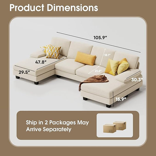 Furmax Sectional Couches for Living Room, U-Shaped Sofa Couch with Linen Fabric, 4 Seat Sofa Set with Double Chaise for Apartment (Fabric, White)