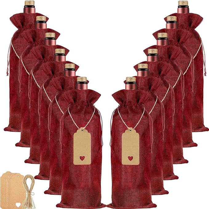 Homum 12Pcs Premium Burlap Wine Bags, Reusable Wine Bottle Bags for Weddings, Parties, Blind Tastings, Christmas, Birthdays, Housewarming, Home Storage (Red)