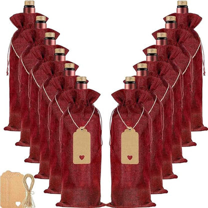 Homum 12Pcs Premium Burlap Wine Bags, Reusable Wine Bottle Bags for Weddings, Parties, Blind Tastings, Christmas, Birthdays, Housewarming, Home Storage (Red)