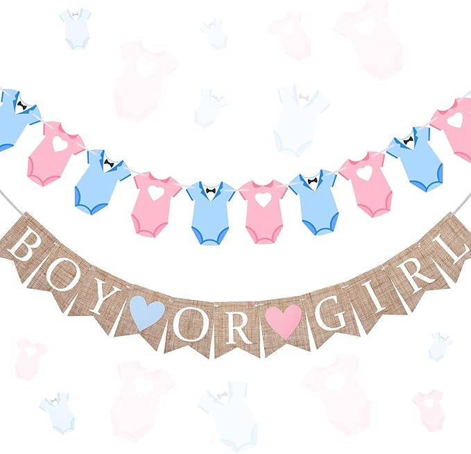 2 Pcs Gender Reveal Party Decorations Pre-Strung Boy or Girl Burlap Baby Shower Banner and Bodysuits Clothesline Garland Baby Outfit for Gender Reveal Birthday Baby Shower Party Decorations