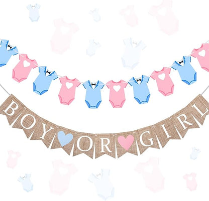 2 Pcs Gender Reveal Party Decorations Pre-Strung Boy or Girl Burlap Baby Shower Banner and Bodysuits Clothesline Garland Baby Outfit for Gender Reveal Birthday Baby Shower Party Decorations