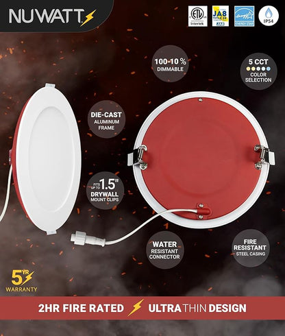 NUWATT 2 Hour Fire Rated Recessed Lighting 6 Inch Wafer LED Lights, 2700K/3000K/3500K/4000K/5000K Selectable, Dimmable 1200LM, 15W, Wet & IC Rated, 90 CRI Canless Light, No Tenmat Needed, ETL, 6 Pack