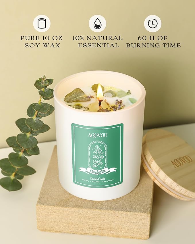 AOOVOO Eucalyptus Mint Scented Candles for Women - Aromatherapy Candle with Crystals Inside, 10oz Soy Candles for Home Scented, Birthday Gifts Christmas Candle for Women Mom
