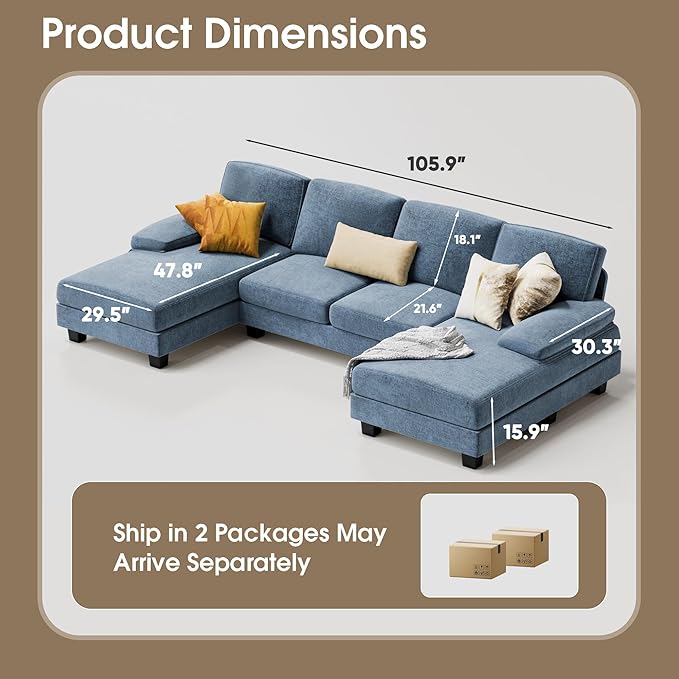 Furmax Sectional Couches for Living Room, U-Shaped Sofa Couch with Linen Fabric, 4 Seat Sofa Set with Double Chaise for Apartment (Fabric, Light Blue)