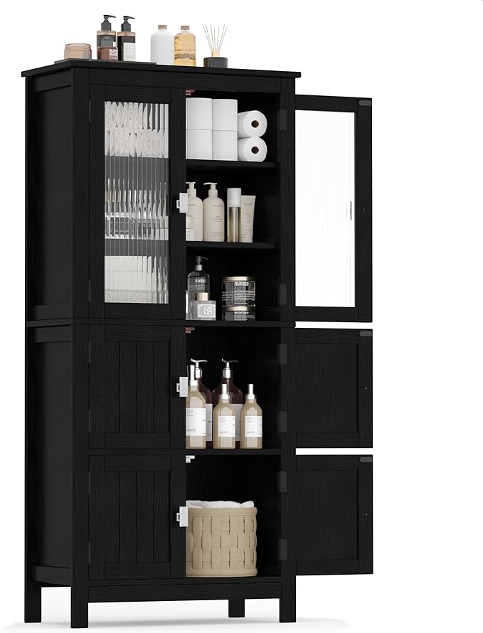 53.1" H Tall Bathroom Storage Cabinet, Bathroom Floor Cabinet with 6 Doors and Adjustable Shlef, Linen Cabinet, Pantry Cabinet for Living Room, Kitchen, Entryway, Black