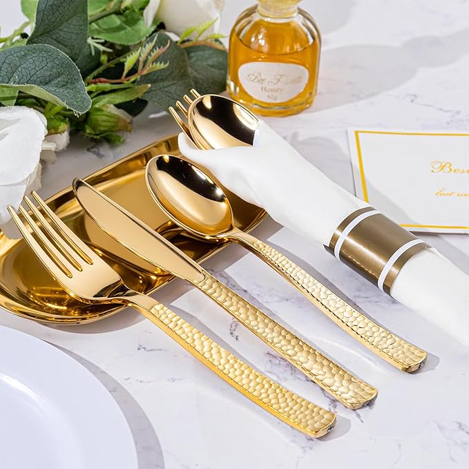 WELLIFE 50 Pack Gold Plastic Silverware with Pre Rolled Napkins,Gold Disposable Utensils, Includes: 50 Forks,50 Knives,50 Spoons,50 Napkins,gold Silverware Disposable for Christmas