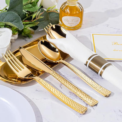 WELLIFE 50 Pack Gold Plastic Silverware with Pre Rolled Napkins,Gold Disposable Utensils, Includes: 50 Forks,50 Knives,50 Spoons,50 Napkins,gold Silverware Disposable for Christmas