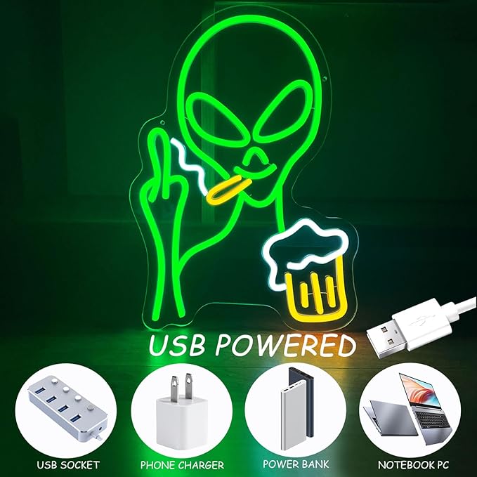Green Alien Neon Sign, Beer Bar Alien Neon Light for Wall Decor, Dimmable LED Lights Signs for Bedroom Man Cave Game Room Home Bar Party Decoration,USB Powered Alien Light up Sign for Kids Teen Boy Birthday Christmas Presents