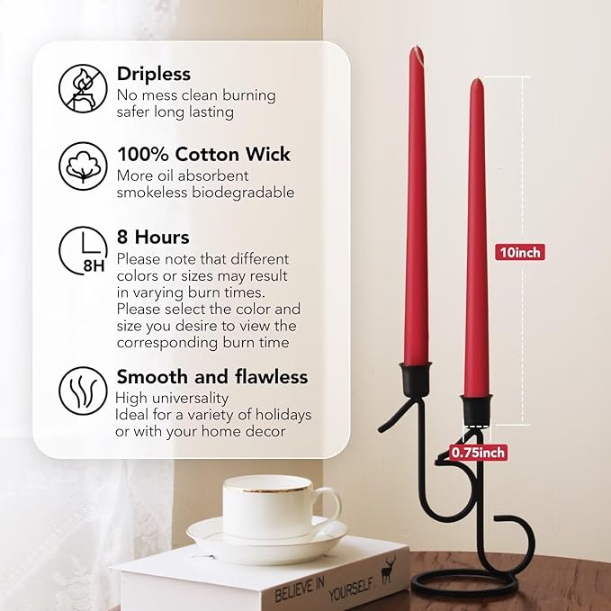 New Burning Formula Unscented Dripless 10-Inch Taper Candles Set of 12 - Red, for Wedding, Dinner - Smokeless, Long Burning - Hand Poured, Colored Tall Candlesticks - Rojo