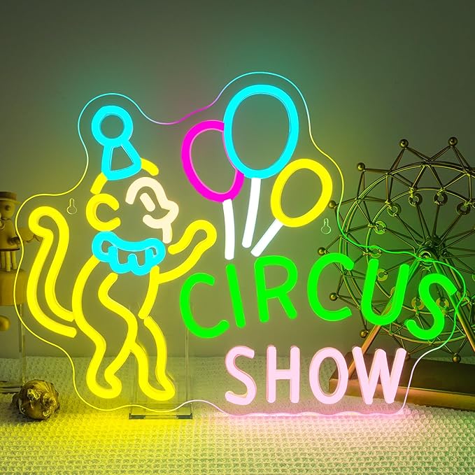 Lucunstar Monkey Neon Sign LED Circus Sign with Clown and Balloons for Theme Park LED Carnival Decor for Play Restaurant College Room Neon Light Animal Gifts for Circus Fans Teens