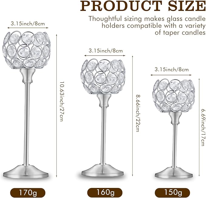 Crystal Candle Holders Set of 3 for Wedding Centerpieces Gold Or Silver Candle Holders Bulk Decorative Tealight Candle Holder for Wedding, Party,Table Centerpieces Decoration (Silver, 2 Sets(6 Pcs))