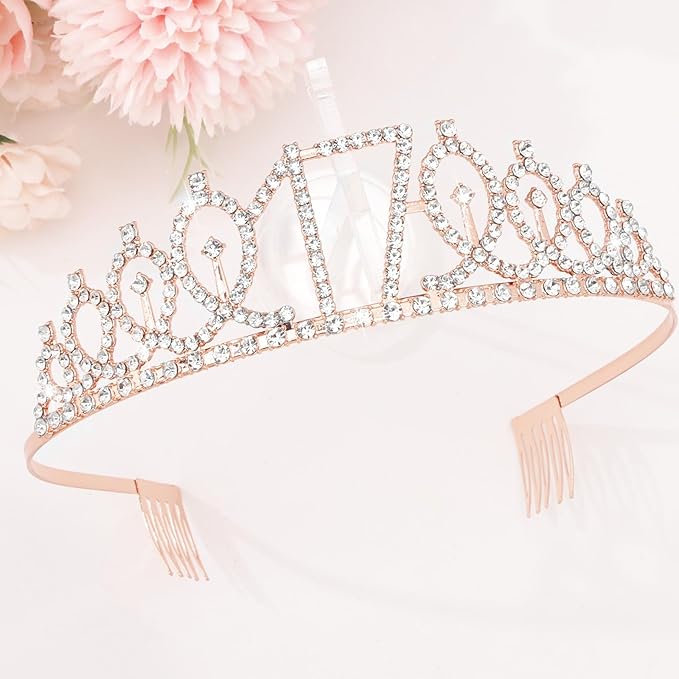 CIEHER 17th Birthday Crown and Sash for Girls, It's My 17 Bday Sash, 17th Birthday Decorations Rose Gold