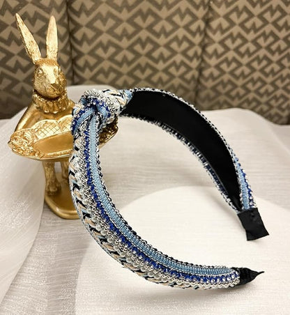 Women's Boho Knotted Sequin Pearls Headbands for Women Non Slip, Girls Top Knot Sparkly Wide Hair Accessories Christmas Gift (Boho Blue Knot)