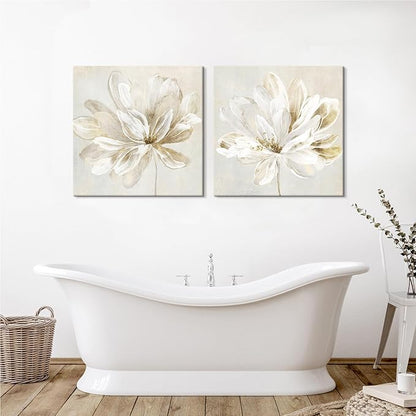 SEVEN WALL ARTS 2 Pcs Beige and Gold Flower Wall Art Blooming Flower Abstract Floral Artwork Canvas Print Poster for Living Room Bedroom Office Wall Decor 24"x24"