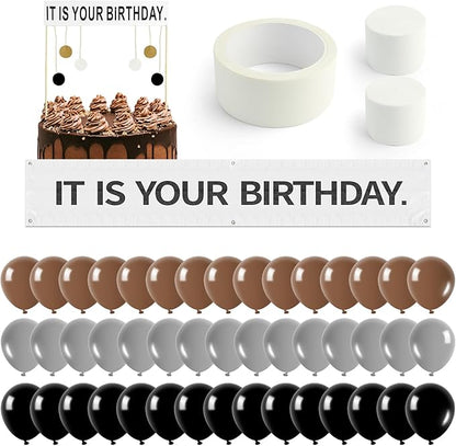 The Office Birthday Decorations with It Is Your Banner, Cake Topper, 50Pcs Office Merch, 12Inches Grey Brown Black Balloons Packs for colleagues Boss Birthday Party Decorations (50)