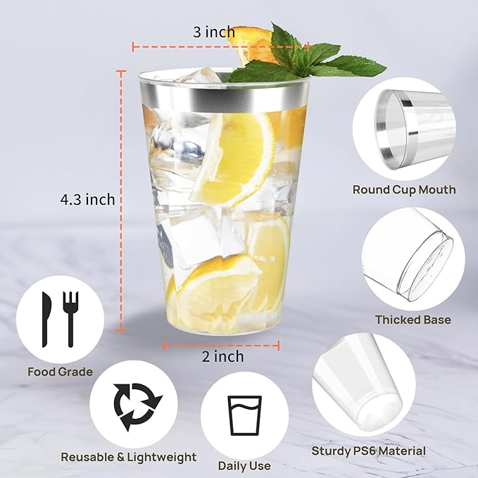 200 Pack 12oz Silver Plastic Cups with Rimmed Edges - Disposable, Recyclable, BPA Free, Food Safe, Modern Style, Perfect for Parties, Weddings, Birthdays, Festivals, 12oz Capacity Each