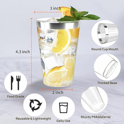 200 Pack 12oz Silver Plastic Cups with Rimmed Edges - Disposable, Recyclable, BPA Free, Food Safe, Modern Style, Perfect for Parties, Weddings, Birthdays, Festivals, 12oz Capacity Each