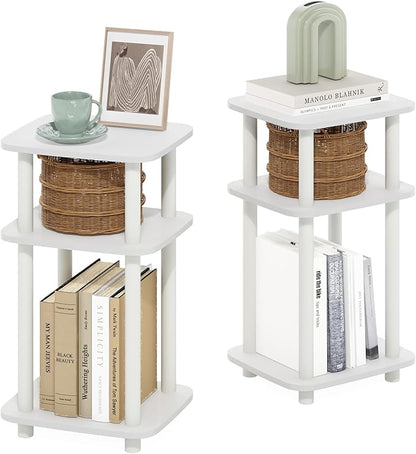 Furinno JUST Side Table Set of 2, 3-Tier Turn-N-Tube End Table with Open Shelf, Round Curve Corner Night Stand, Bedside Table, Easy Assembly, for Living Room, Bedroom, White