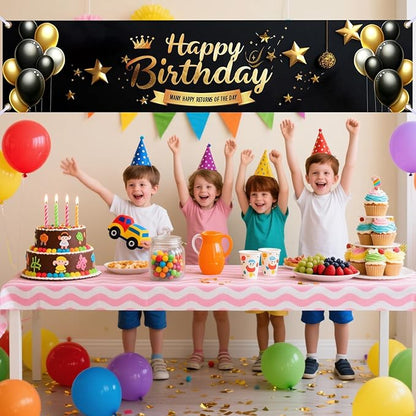 Nuxovilar Happy Birthday Banner Decorations 17.72x78.74 Inch Black Gold Crown Theme - Polyester for Indoor Outdoor Birthday Party Decor