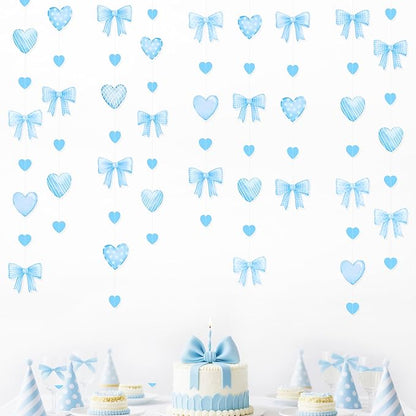 Blue Bow Decorations Blue Plaid Twill Polka Dot Bow Heart Hanging Streamer Garland Banner for Baby Shower Birthday Wedding Bridal Shower Bachelorette Coquette Anniversary Party Decorations Supplies