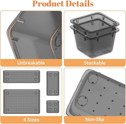 15 PCS Clear Plastic Drawer Organizer Set, 4-Size Acrylic Drawer Storage Trays, Storage Bins for Makeup, Gadgets, and Jewelry in Bathroom, Bedroom and Office, Clear Black