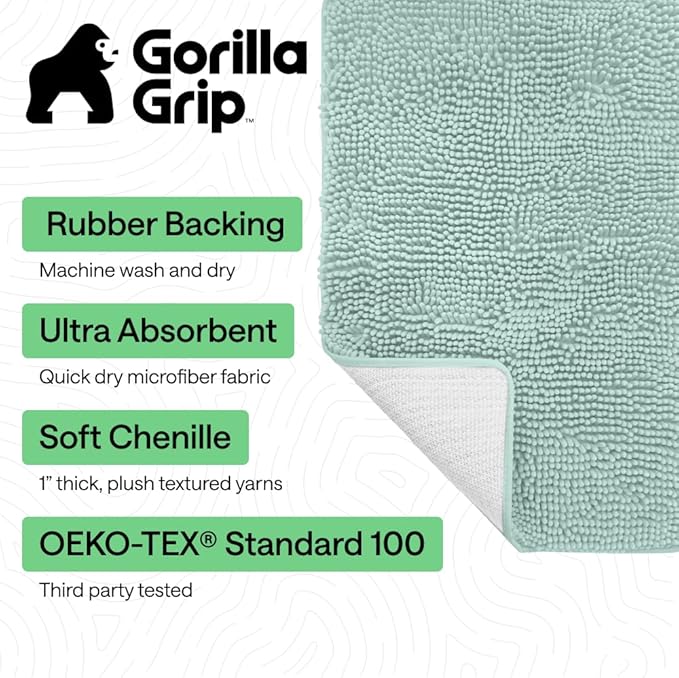 GORILLA GRIP Bath Rug Mat 36x24, Soft Absorbent Chenille, Quick Dry Microfiber Mats, Rubber Backing Washable Shower Floor Rugs, Bathmat Runner, US Designed Bathroom Home Decor Accessories Seablue