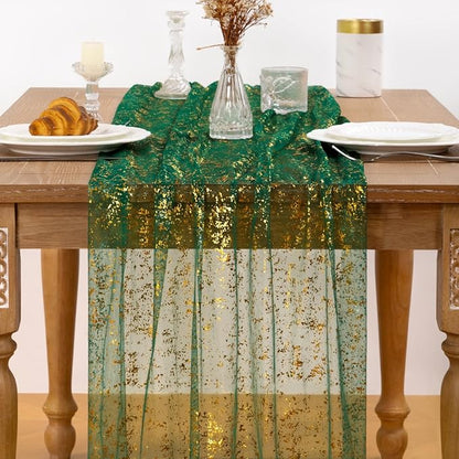 Green Gold Table Runner Sheer Gauze Cheesecloth Runner 120 Inch Glitter Wedding Anniversary Party Decor for Dining Table Home Celebration