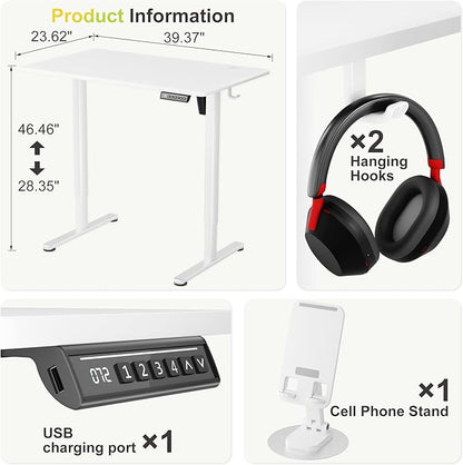 Furmax Electric Standing Desk, 40 x 24 Inches Sit Stand up Desk, Sit Stand Height Adjustable Home Office Desk with 4 Height Position Memory - with Splice Board (White, 40)