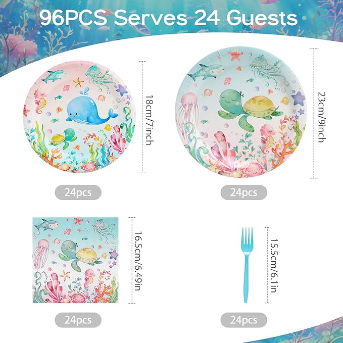 96pcs Paper Plates, Under the Sea Animals Party Plates and Napkins Forks Ocean Themed Disposable Tableware Set for 24 Guests Baby Shower Picnic Kids Birthday Party Supplies Decorations