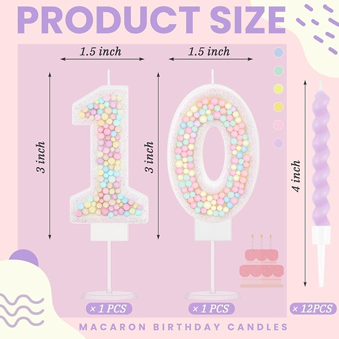 MTLEE Number 10 Birthday Candle with 12 Pcs Spiral Candles for Girls Macaron Pastel Rainbow Unicorn Pink Cake Topper for Sweet Theme Party Decoration